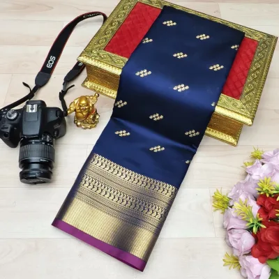 Teal Green Gold Zari Butta Fusion Soft Silk Saree